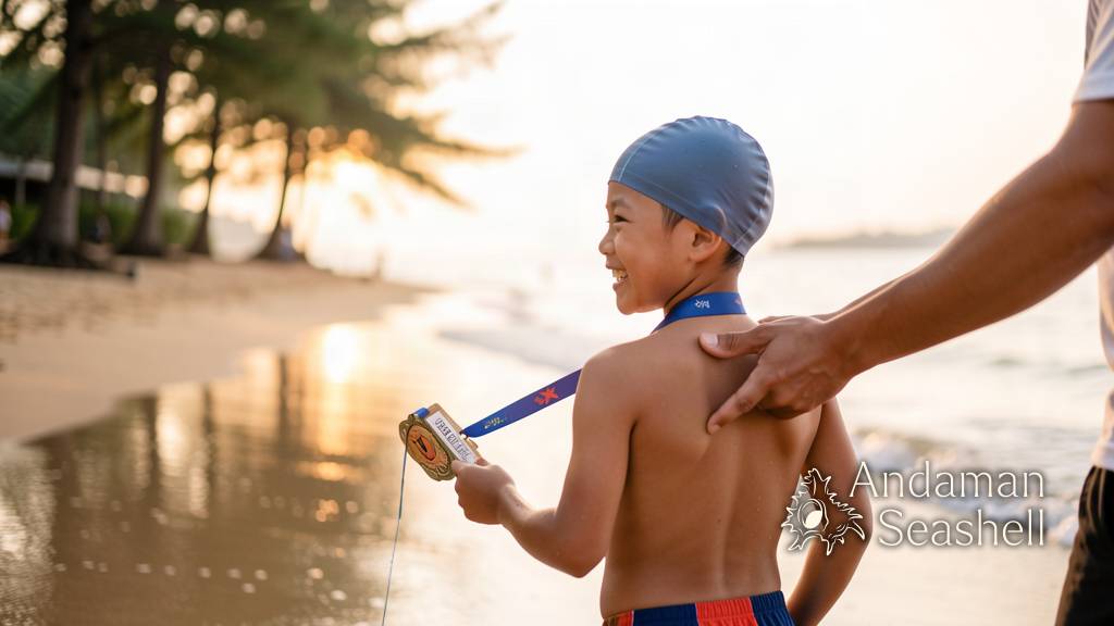 A child in a swim cap holding a finisher medal at golden hour