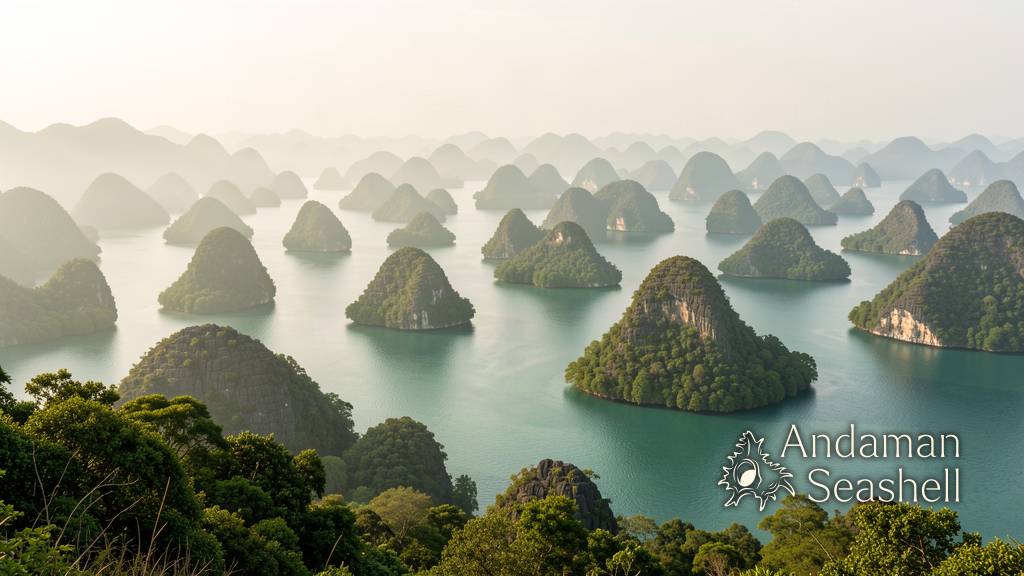 Sunrise over the limestone islands of Phang Nga Bay seen from a hilltop viewpoint