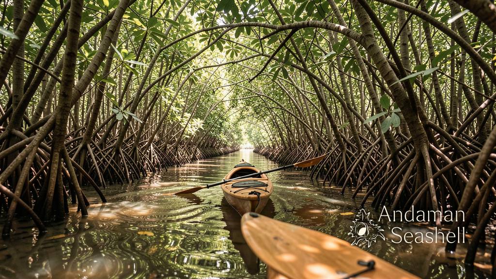 A kayak gliding through a narrow mangrove tunnel with roots arching overhead
