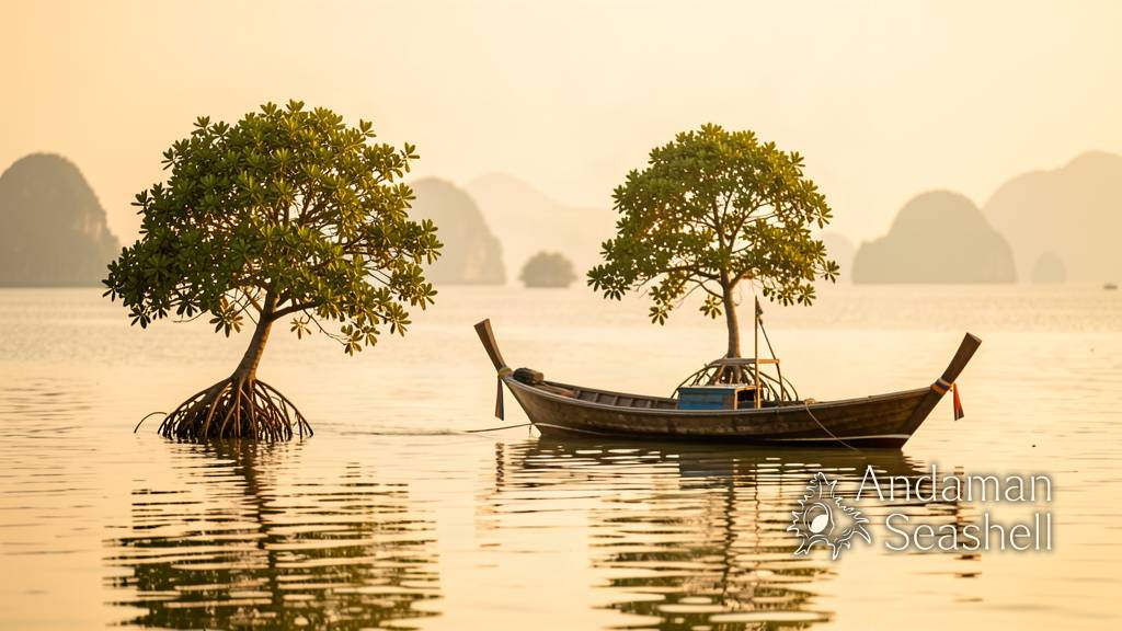 A longtail boat drifting beside two lone mangrove trees in a calm golden sea at low tide