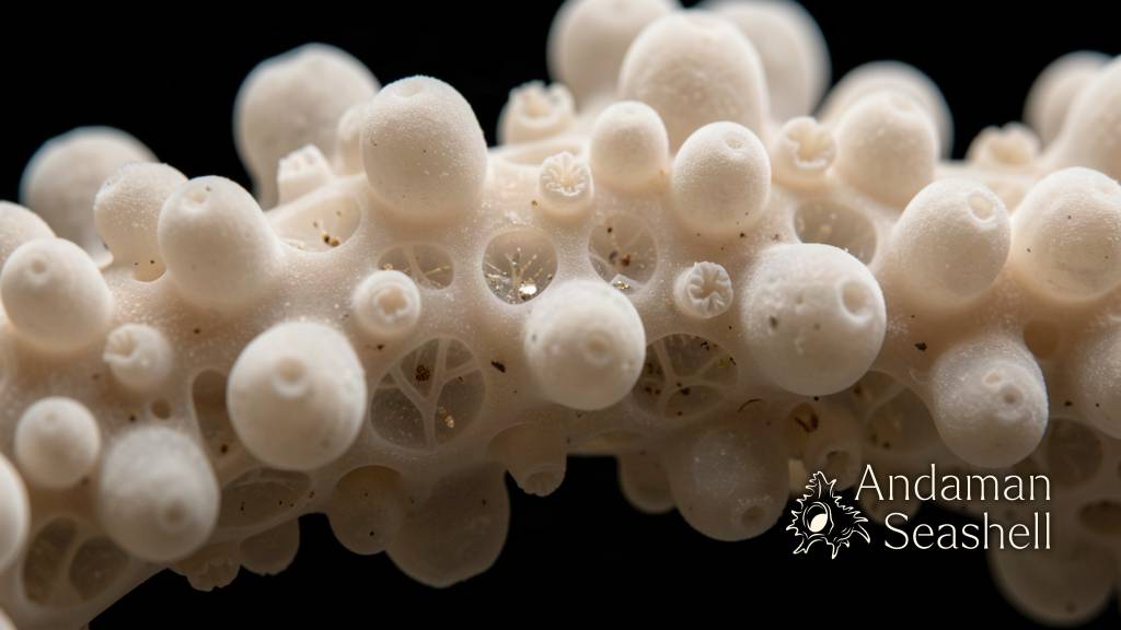 Extreme macro of a pale deep-sea coral branch with polyps on rounded mounds