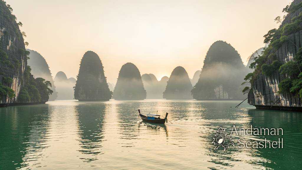 Sunrise mist drifting over the limestone islands of Phang Nga Bay