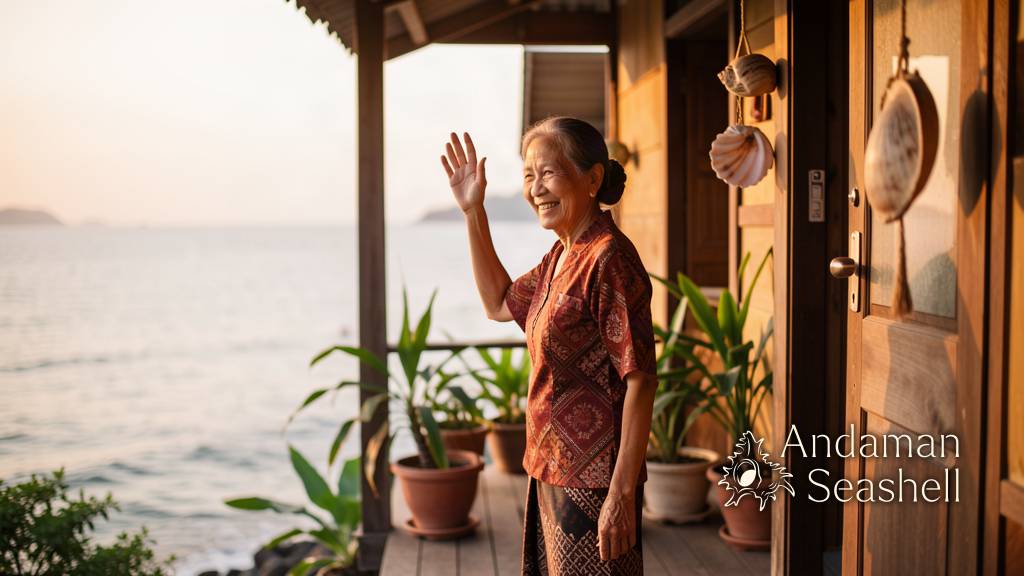 A Thai grandmother waving from the veranda of her family guesthouse at dusk