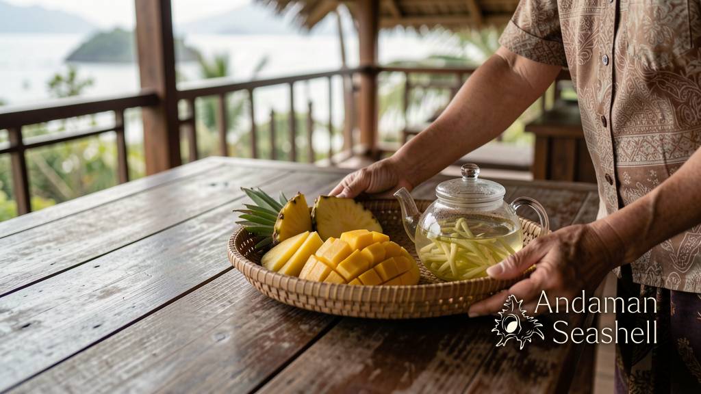 A host's welcome tray of tropical fruit and lemongrass tea on a teak veranda