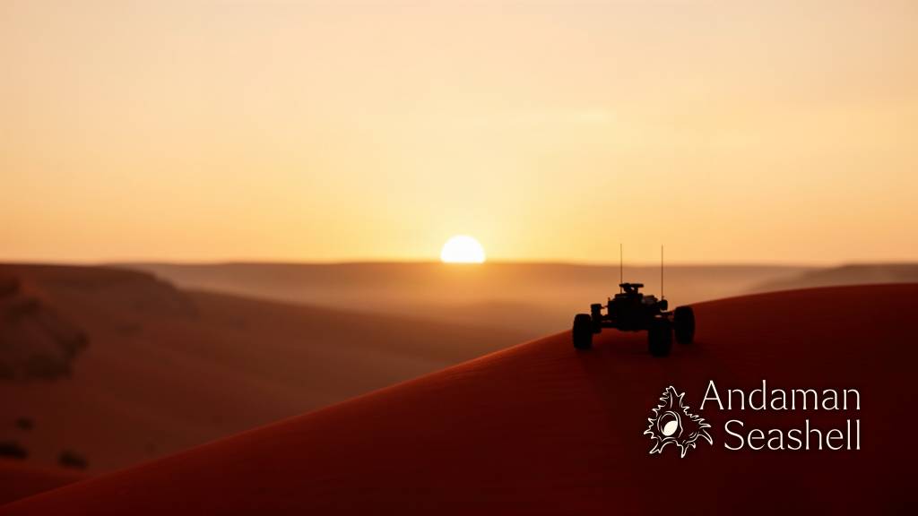 A patient rover silhouette resting on a red slope under a calm Martian dusk