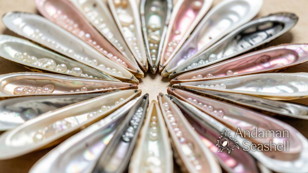 A close-up of iridescent shells arranged by hand into a radiating pattern