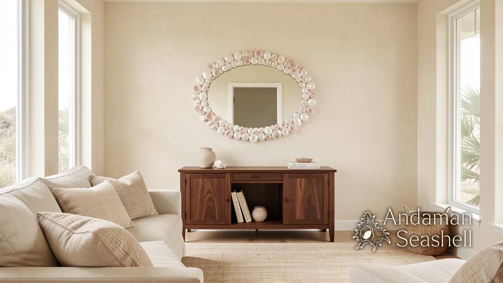 A shell-encrusted mirror glowing on a wall in a refined coastal interior