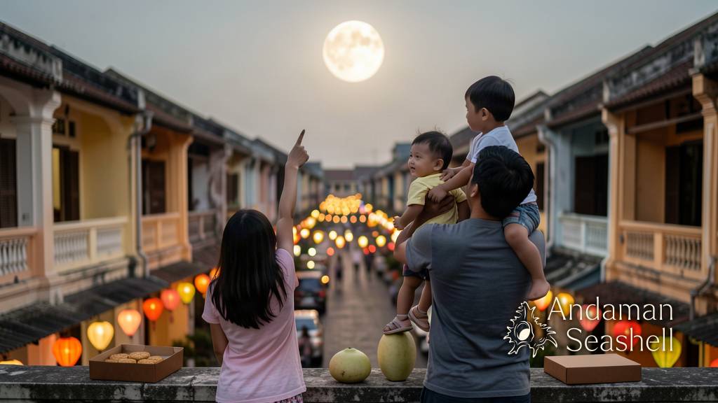 Family on a Phuket Old Town balcony gazing at the full moon with mooncakes and a pomelo