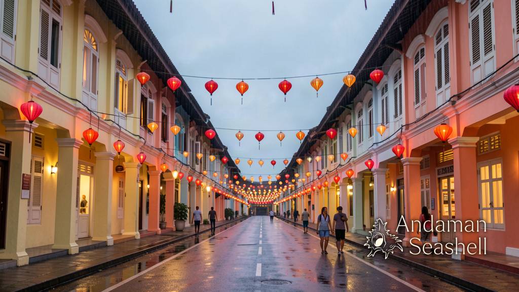 Round mooncakes in a red gift box held by an elderly Chinese-Thai woman, full moon rising over Phuket shophouses