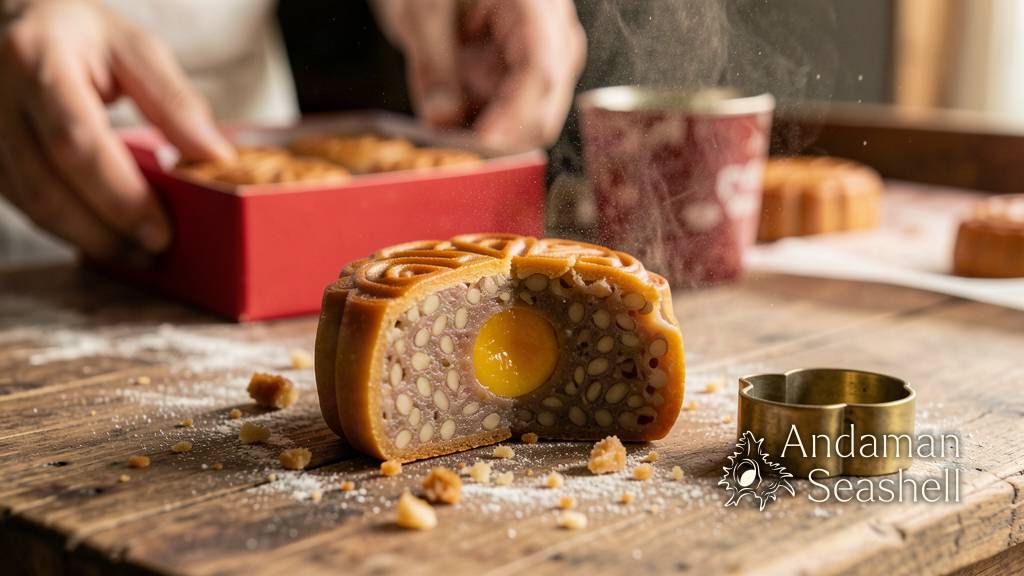 Macro detail of a cut mooncake revealing lotus-seed paste and salted egg-yolk centre