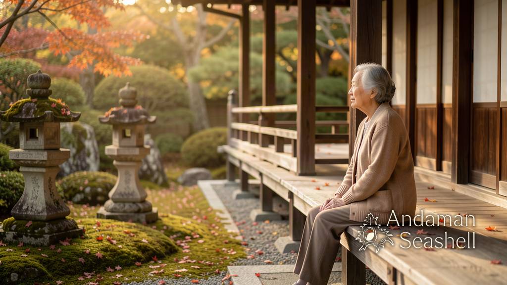 A peaceful Kyoto temple garden at late afternoon with fallen maple leaves on moss and stone lanterns