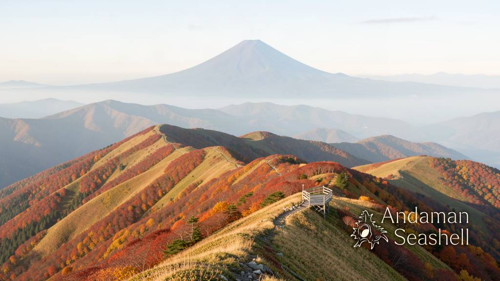 Wide view of an alpine ridge in Daisetsuzan National Park with red and gold autumn slopes
