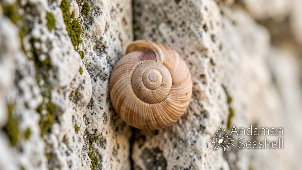 Macro detail of a ribbed cone-shaped snail shell sealed shut by its circular operculum door inside a limestone crevice