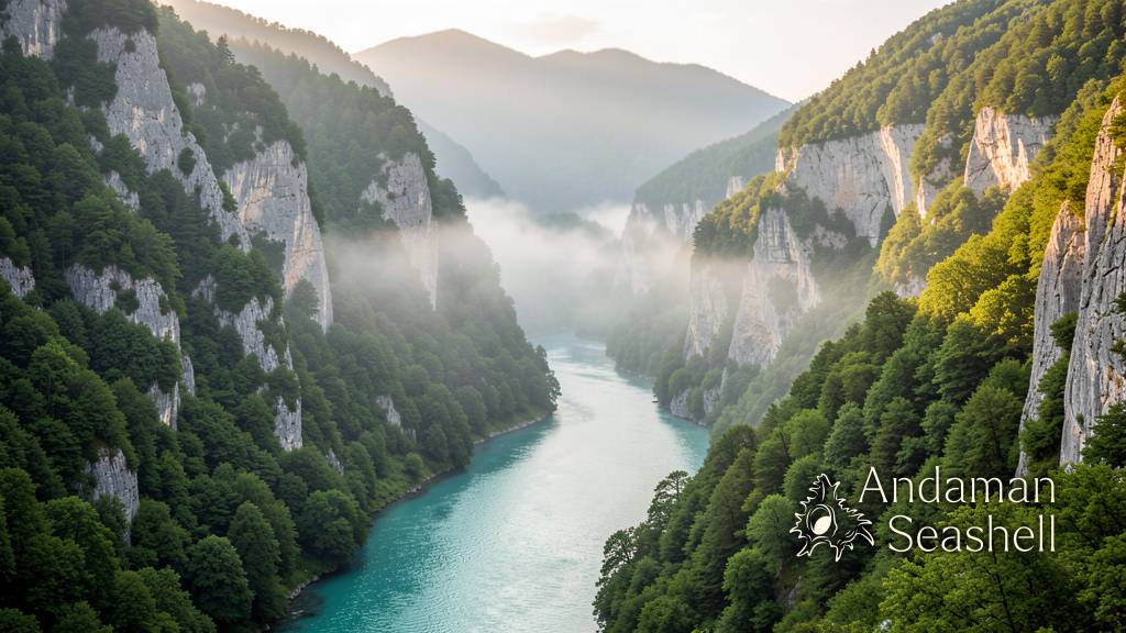 The green river gorge of Komarnica Canyon winding between limestone cliffs in soft late-afternoon light