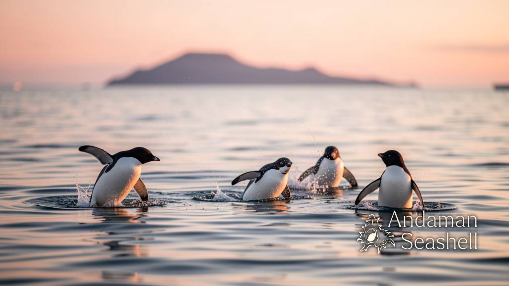 Gentoo penguins porpoising through calm evening seas