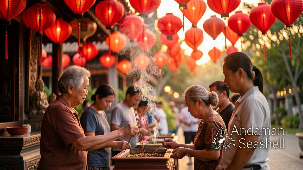 Evening in front of a Chinese shrine in Phuket, red lanterns glowing, families and elders lighting incense sticks at small altars, warm sense of community