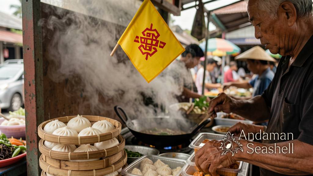 Close-up of a small triangular yellow flag with a red geometric symbol hanging above a steaming street-food stall, baskets of steamed buns below, natural daylight