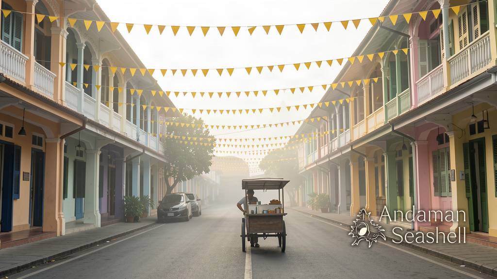 A quiet morning street in Phuket Old Town lined with small yellow festival flags strung between Sino-Portuguese shophouses, a vendor pushing a wooden food cart, soft morning light
