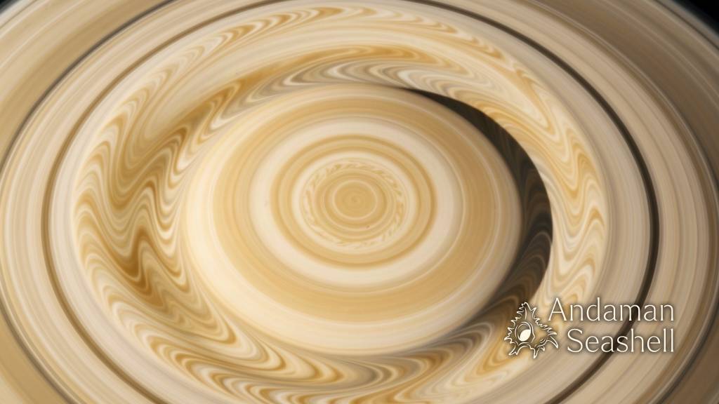A detailed polar view of Saturn's banded clouds with a ten-sided wave near the pole