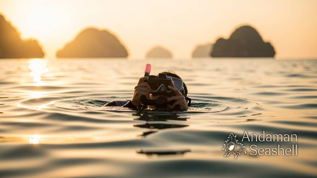 A snorkeller with a camera enjoying golden evening light over calm Andaman water