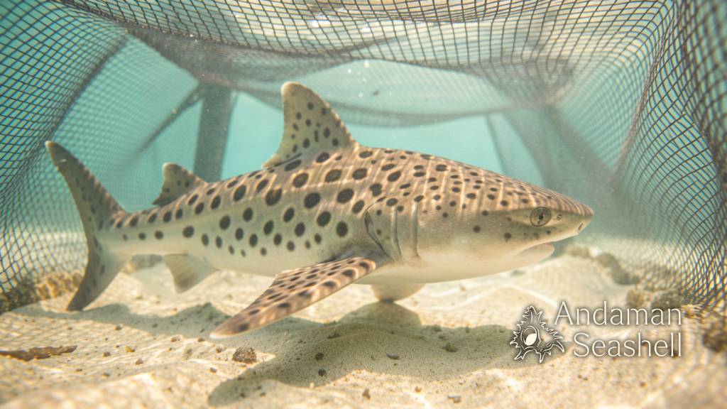 A juvenile leopard shark swimming inside its mesh sea pen nursery in shallow sunlit water