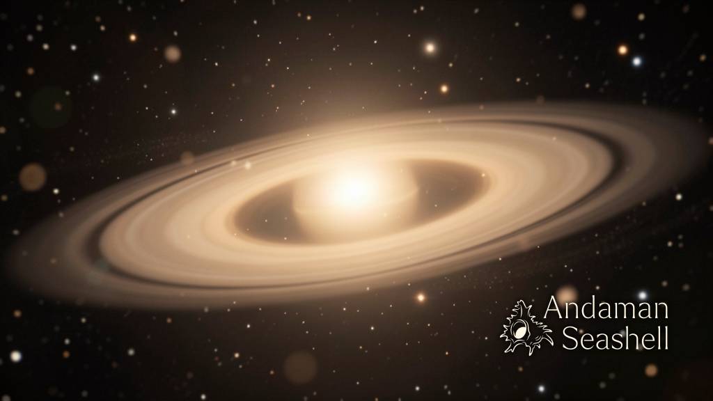 A serene young planetary system glowing softly, rings smoothing into place