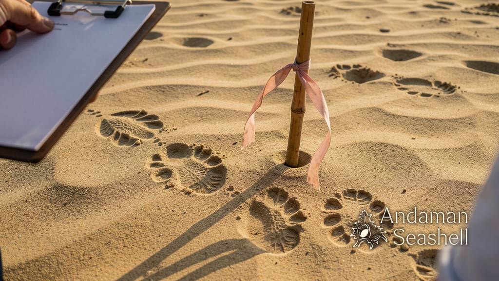 Close-up of flipper tracks and a bamboo nest-marker stake on rippled sand