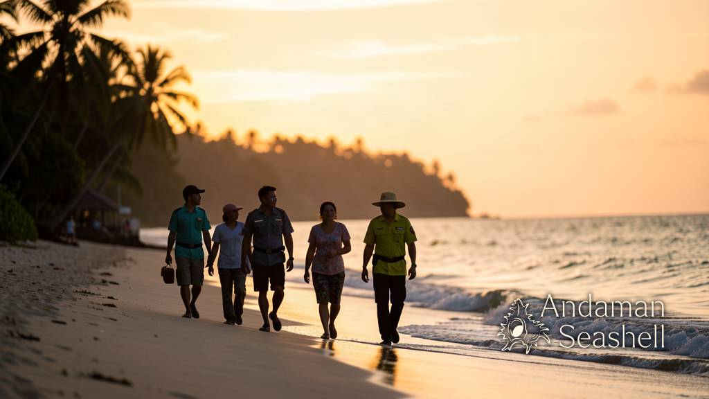 Volunteers and villagers walking the shoreline together at dusk