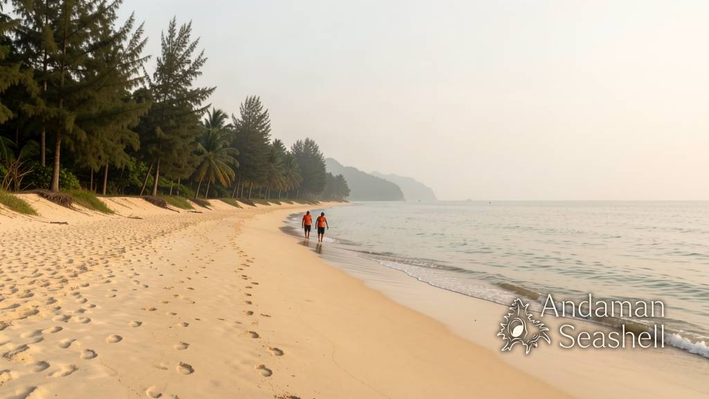 Turtle tracks crossing golden sand at dawn beside a bamboo nest marker