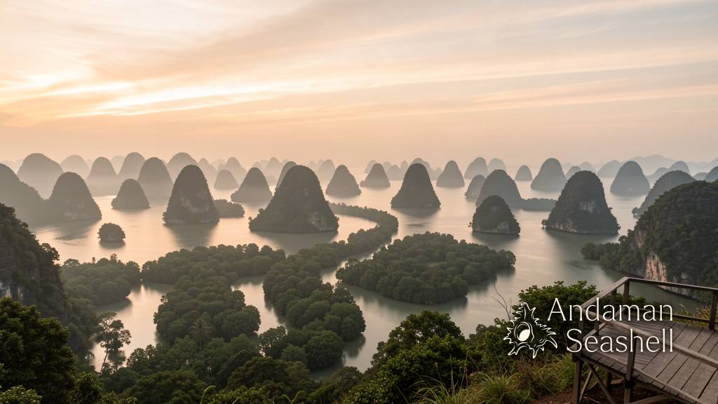 Panoramic sunrise over Phang Nga Bay from the Samet Nangshe viewpoint