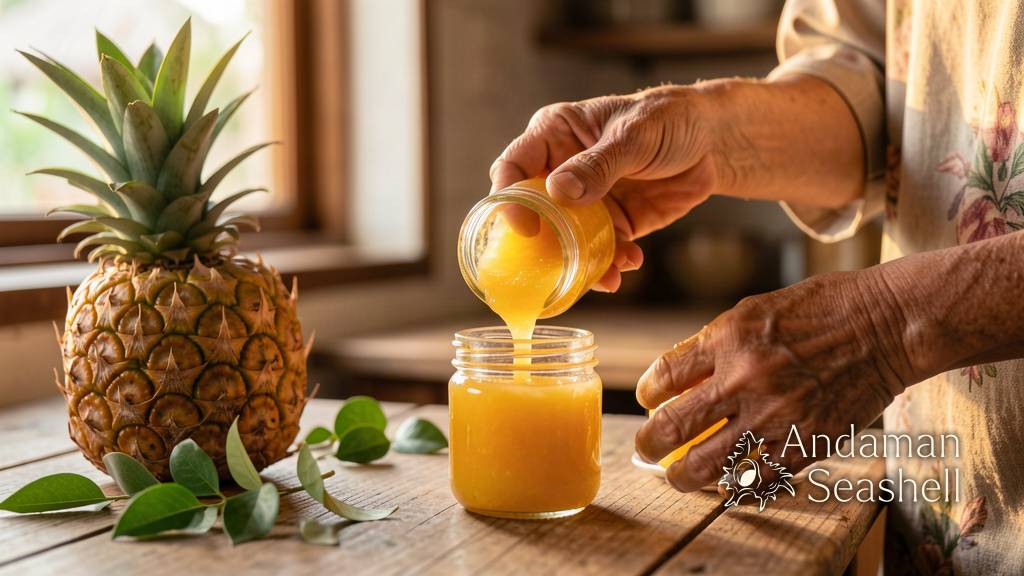 An elder's hands ladling golden pineapple jam into glass jars