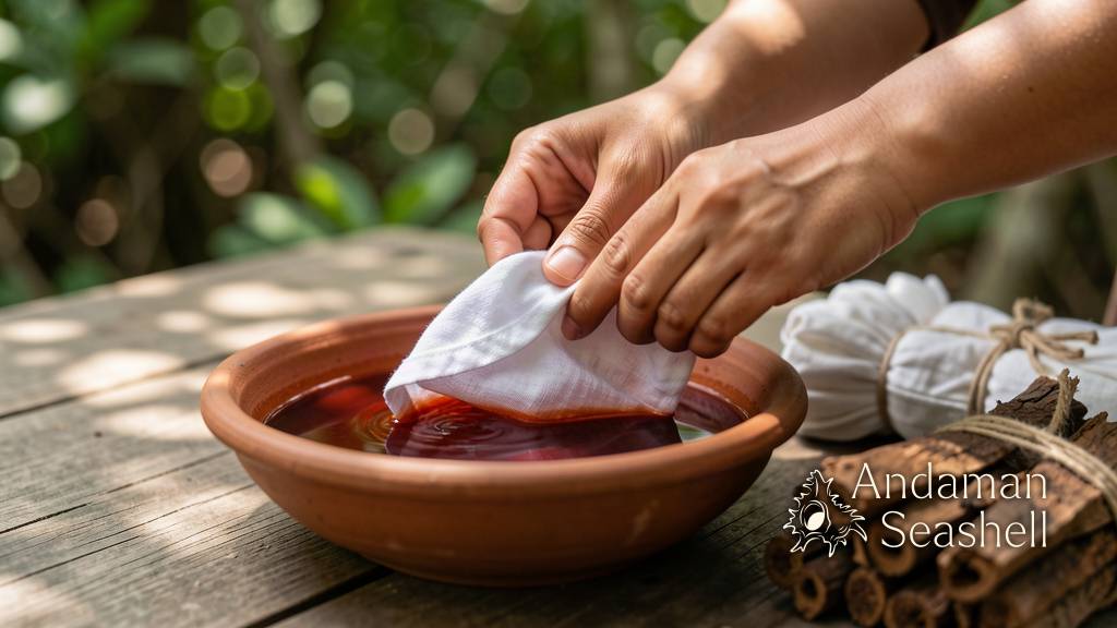 Hands dipping cotton cloth into reddish-brown natural mangrove dye