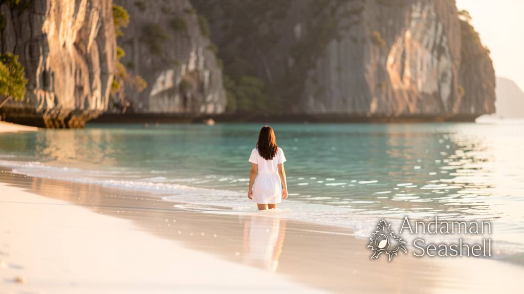 A visitor wading knee-deep along the waterline at golden hour