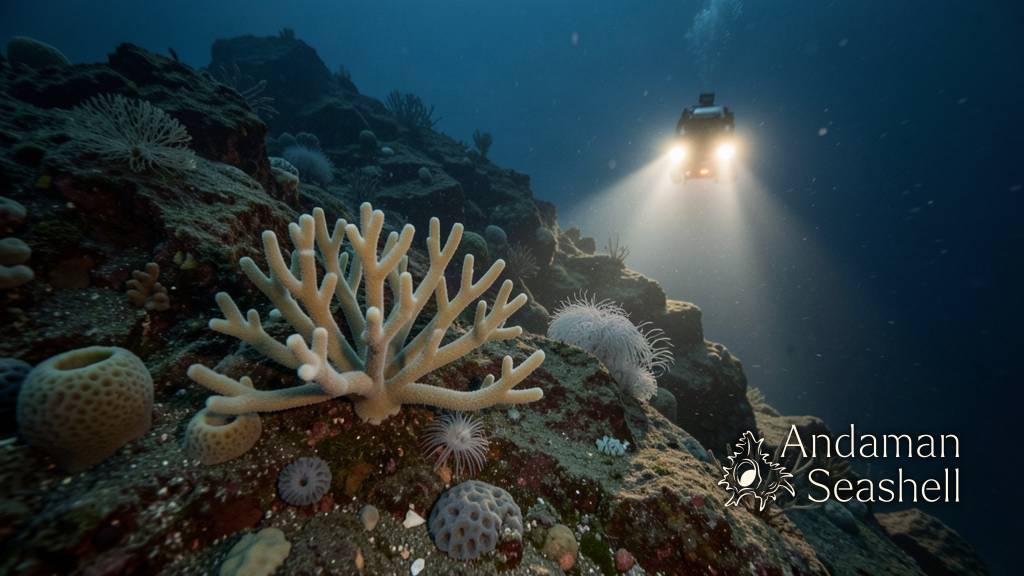 A ghost-white branching deep-sea coral colony on a dark seamount slope