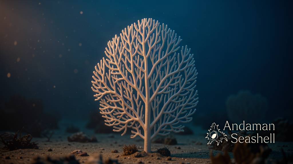 A towering tree-like coral colony standing calm on the dim seafloor
