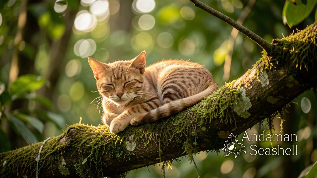 A small spotted wild cat resting calmly on a mossy branch in warm late-afternoon light