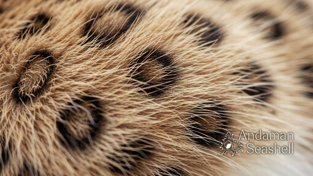 Close-up of light-brown fur with large irregular rosette spots on a small wild cat's flank