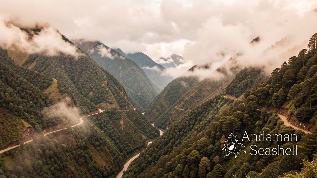 Misty cloud forest covering steep green Andean mountainsides in Bolivia's Yungas region
