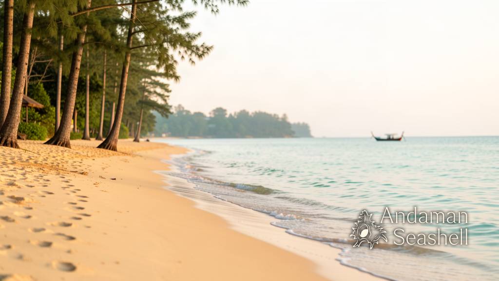 A pristine Khao Lak beach at golden late afternoon with casuarina pines and calm Andaman surf