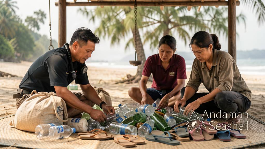A dive instructor and village volunteers sorting collected plastic bottles by category on a beach mat