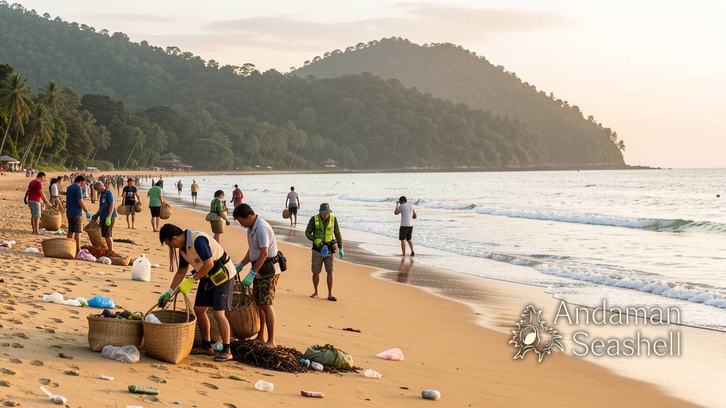 Volunteers gathering on a Khao Lak beach at sunrise with gloves and collection bags