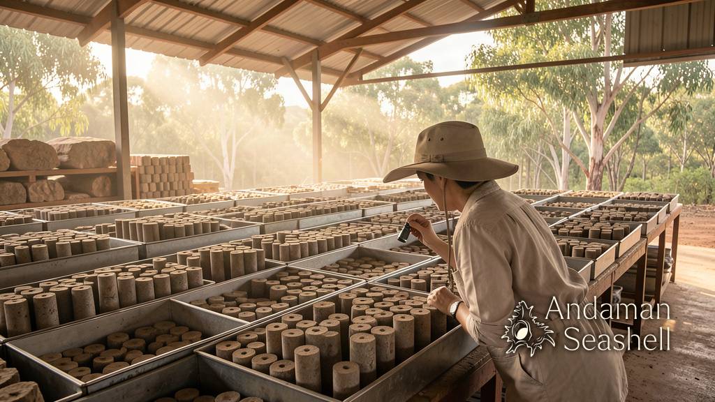 Cylindrical drill cores of ancient mudstone stored in trays at a geological warehouse in Darwin