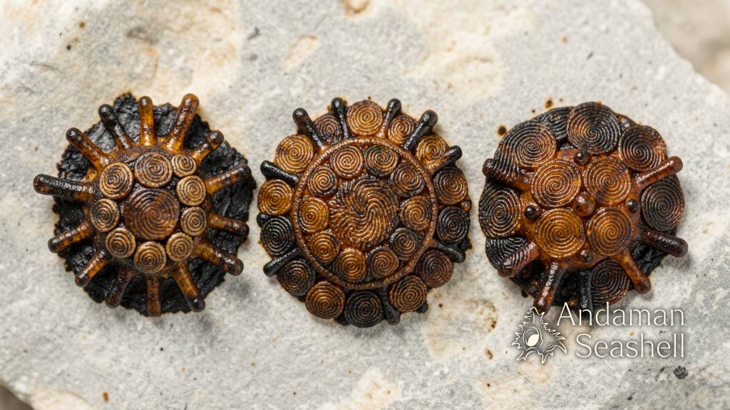 Extreme macro view of ancient single-celled eukaryote fossils with sculptured plates and appendages