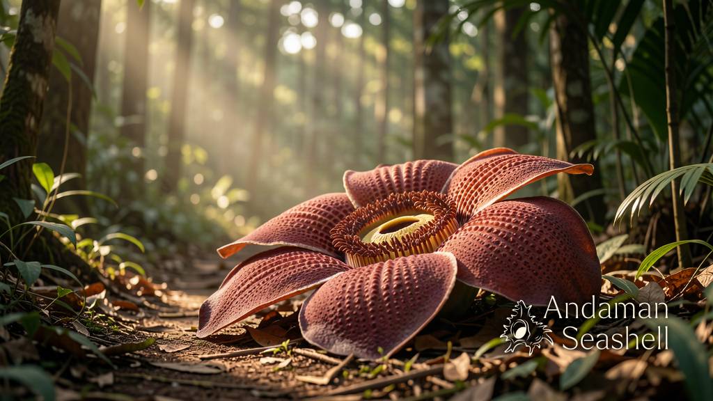 A giant Rafflesia kerrii flower blooming on the forest floor beside a jungle trail