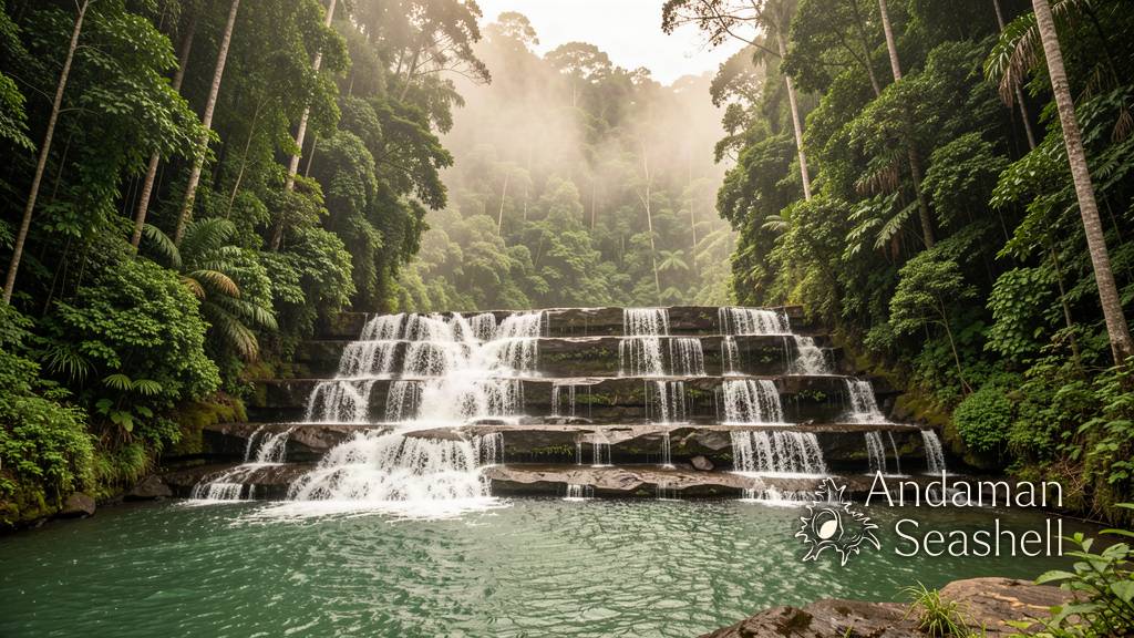 Wide view of a low jungle waterfall spilling into a calm natural pool