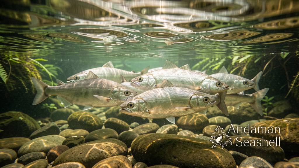 A school of silver pla phluang fish holding in a clear forest stream