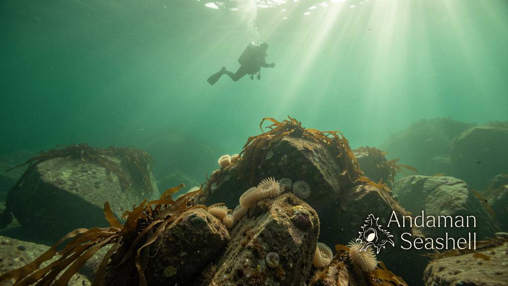 A lone scuba diver descends through sunlit green water above a kelp-draped rocky reef in the Salish Sea