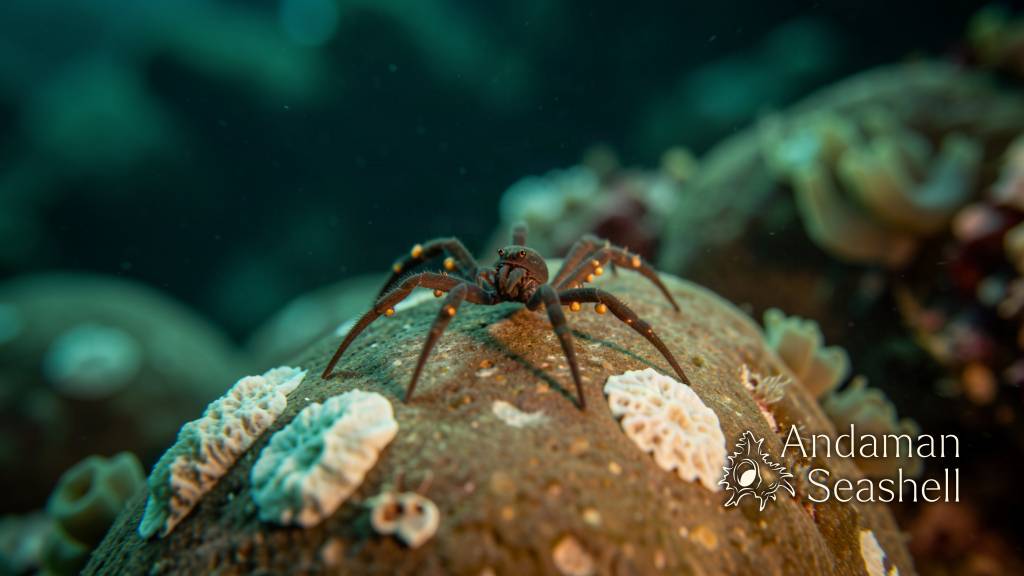 A small stocky sea spider with egg clusters on its limbs crawls slowly over a smooth boulder