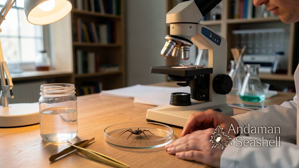 A research microscope on a wooden bench focuses on a petri dish holding a tiny sea spider specimen