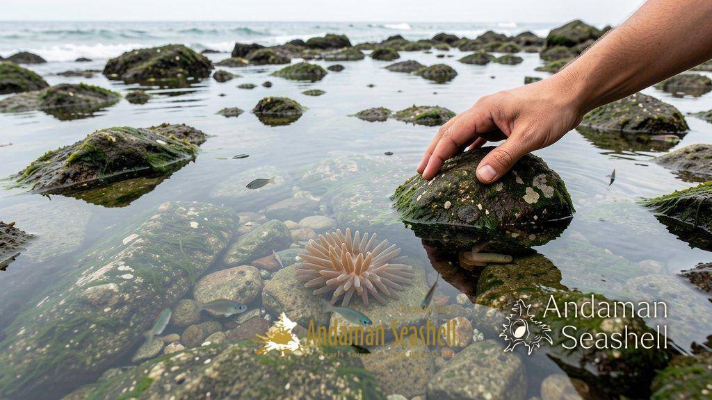 A clear shallow tide pool at low tide on a Phuket rocky shore, showing a sea anemone and small fish among algae-covered rocks